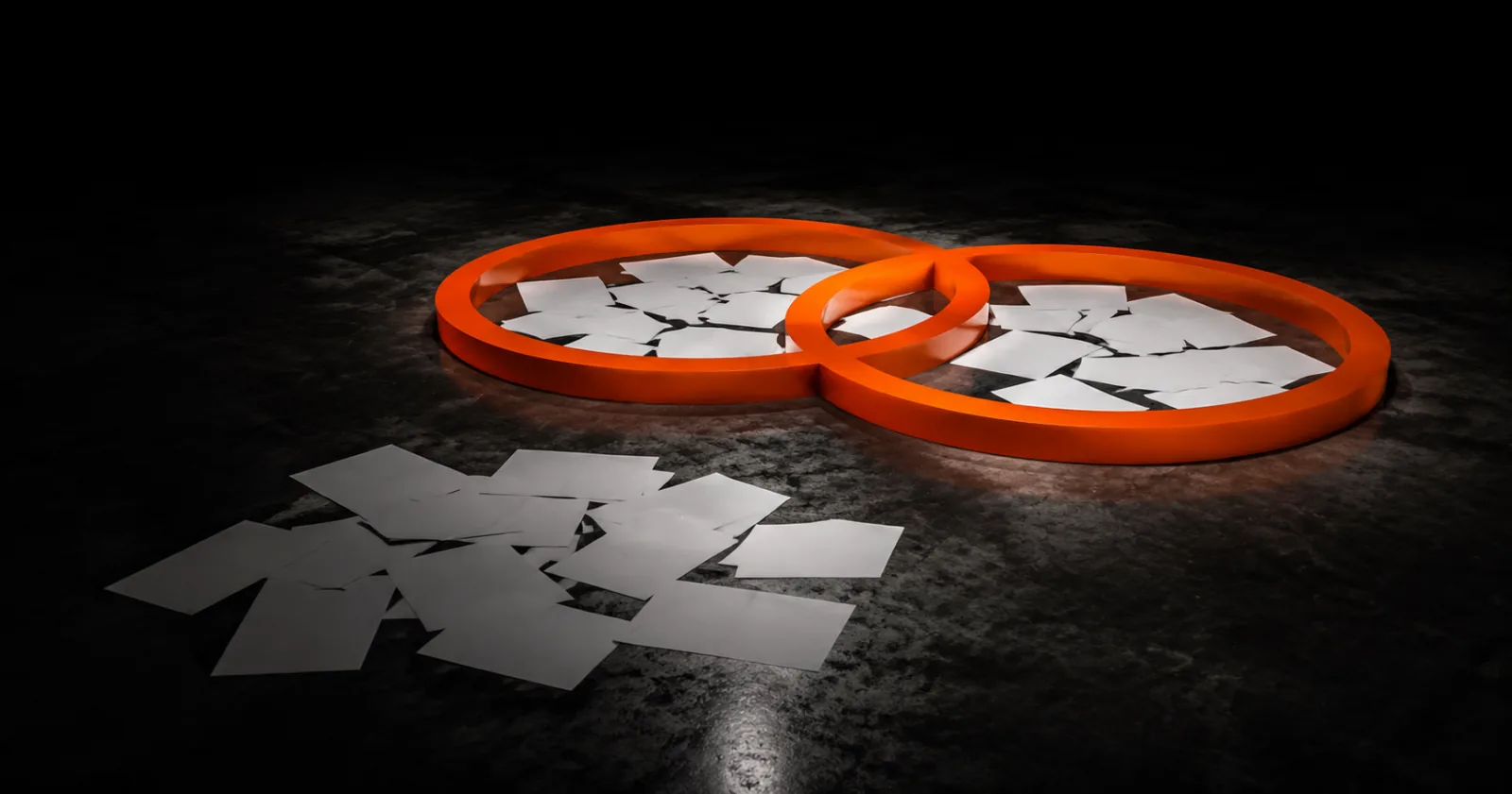 Two overlapping orange rings holding white fragments, with a pile of loose sheets left outside both