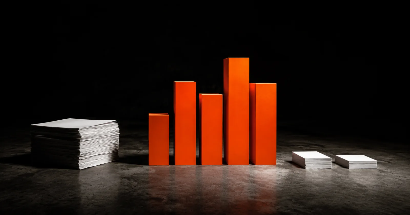 A stack of loose paper next to an orange bar chart and two sorted stacks