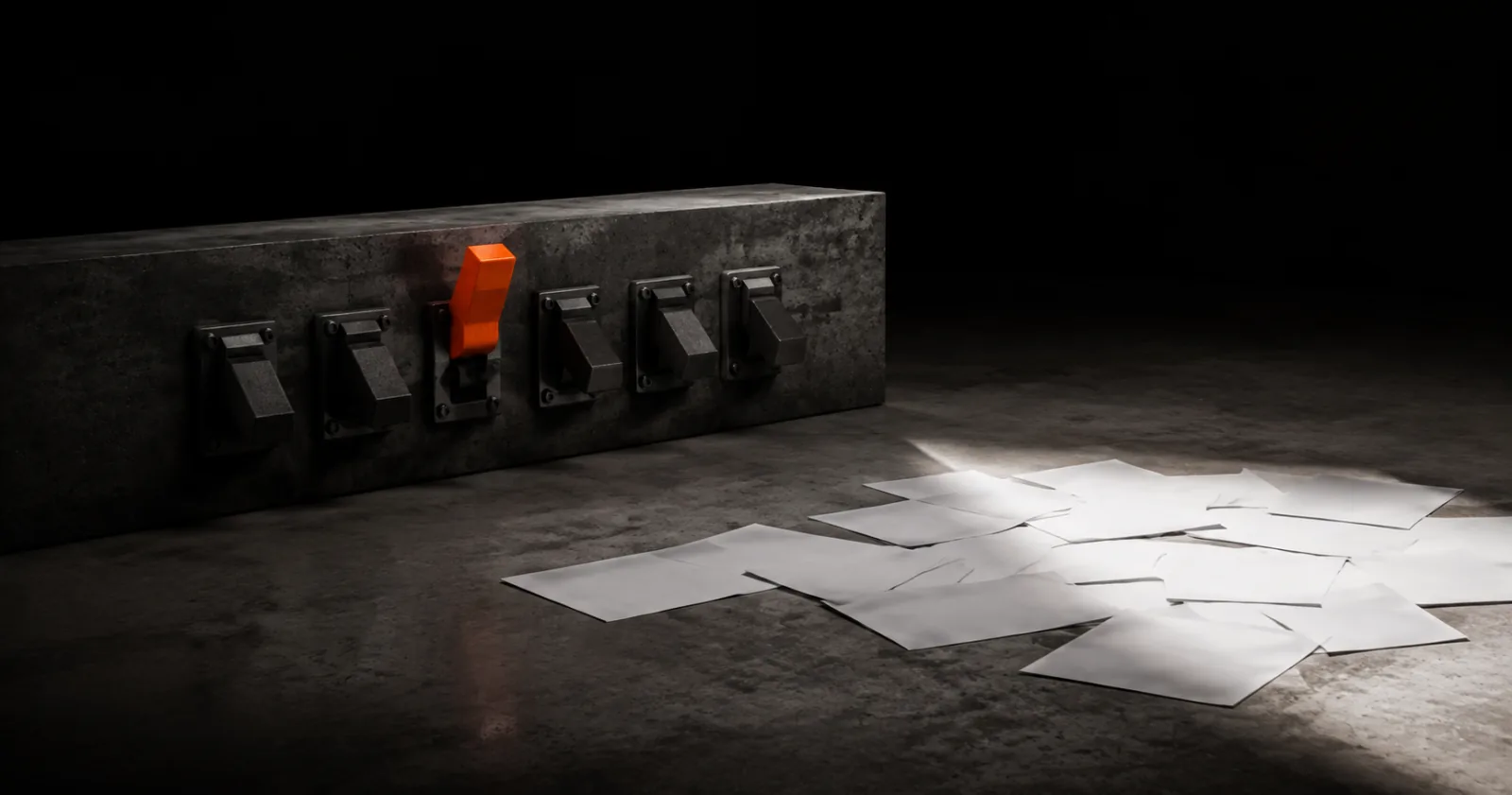 A row of dark switches with one orange switch flipped on