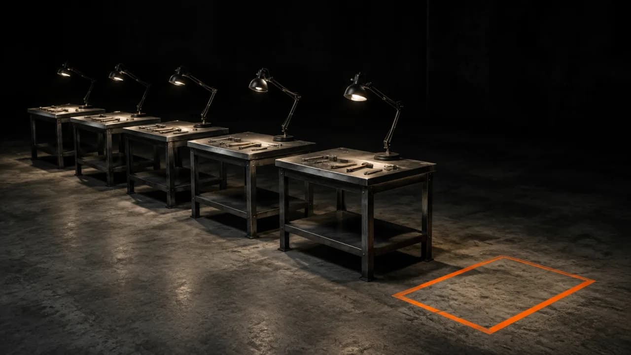 Five lit workbenches in a dark room and an empty orange outline where the sixth should stand