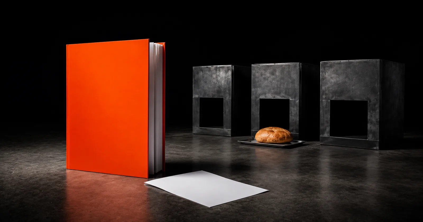 An orange recipe book standing in front of three identical metal ovens, one holding a loaf of bread